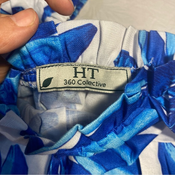 New Nordstrom Square Neck Puff Sleeve Crop Top Hawaiian Island Tropical Blouse - Picture 9 of 10